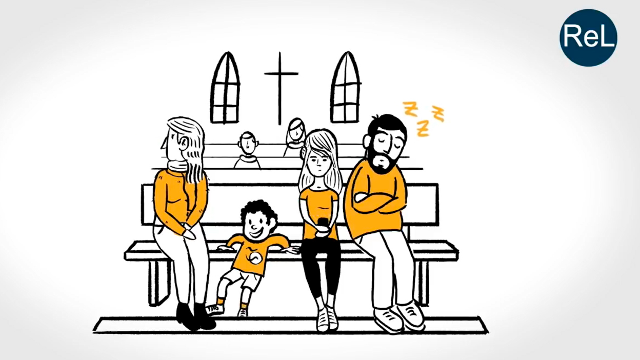 ilustracion de una familia en misa